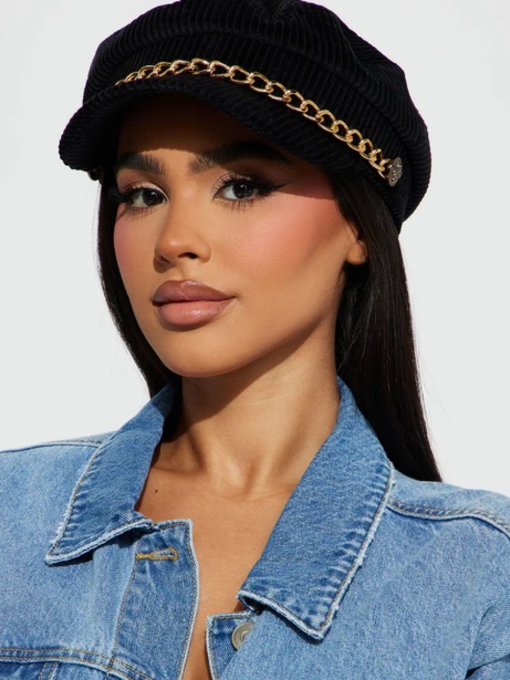 Fashion Nova Black Corduroy Chain-Trim Baker Boy Hat